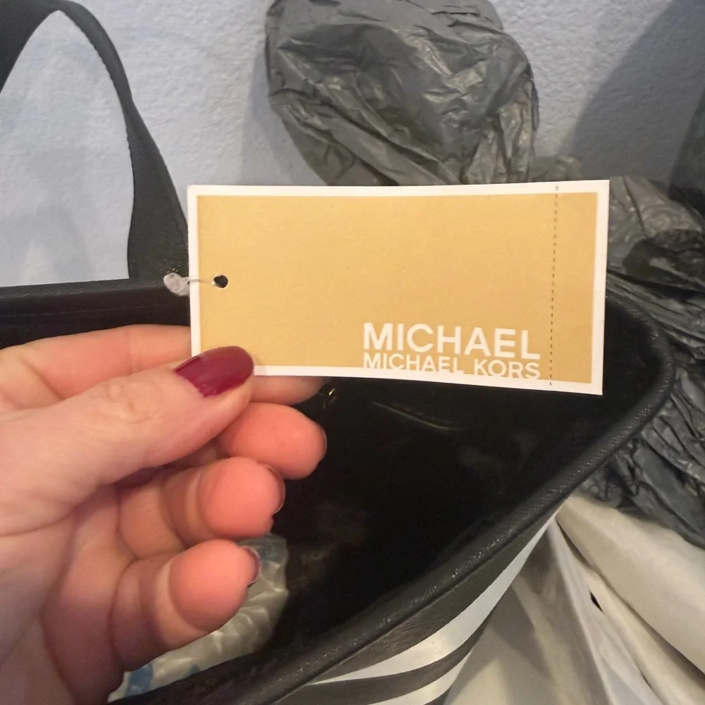 Michael Kors Black and White Striped Tote - Picture 5 of 8
